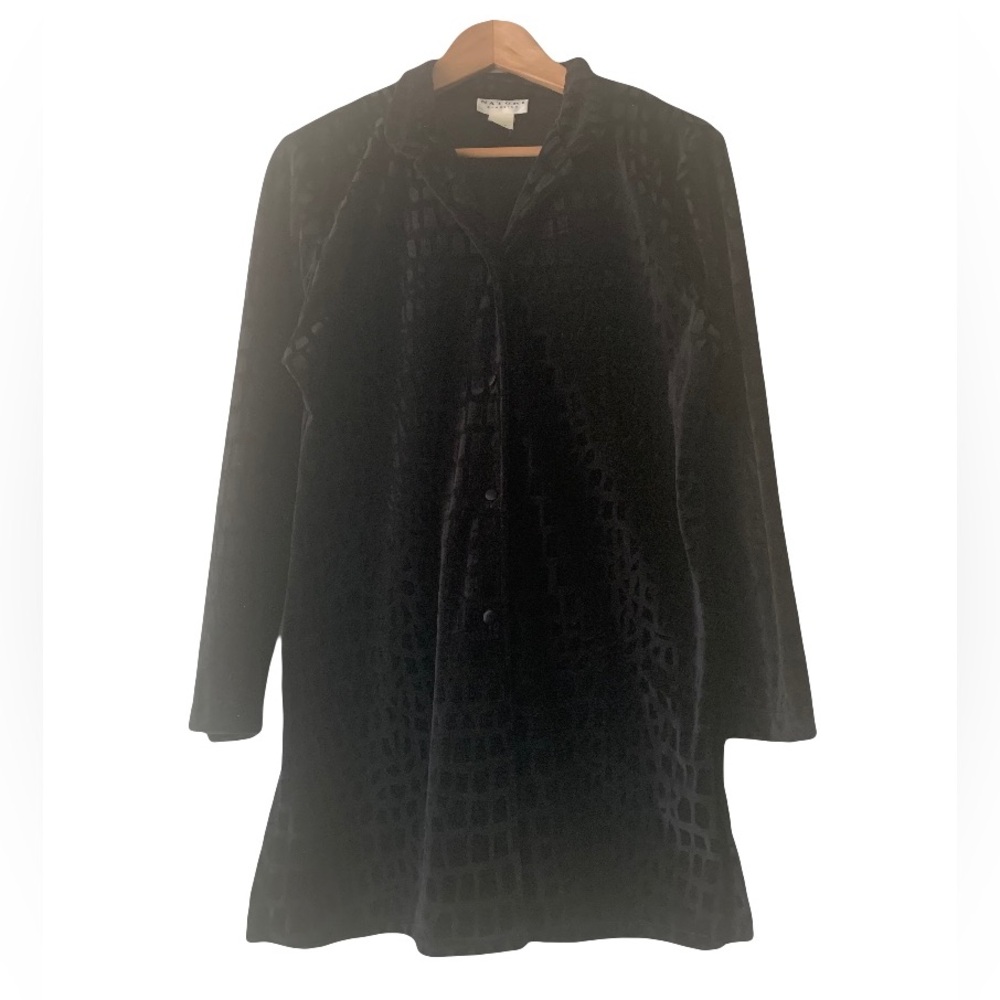 Natori Velvet Collared Tunic Top Women Size M Black Old Money Velvet Burnout